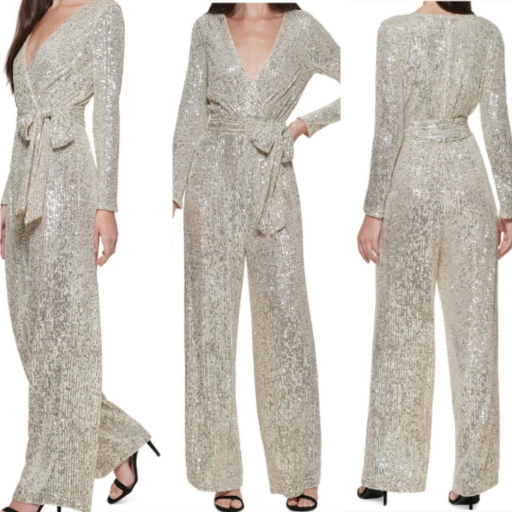 Eliza J Champagne Sequined V neck Longsleeve Faux Wrap Sash Jumpsuit